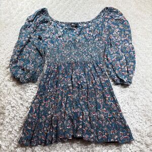 Angie Dress Large Teal Floral Smocked Shirred Square Neck Puff Sleeve Boho
